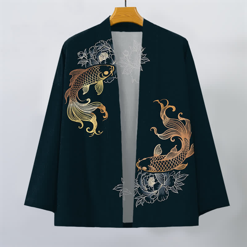 Buddha Stones Kimono da uomo in cotone con stampa a fiori di carpa koi e apertura frontale. - image 10