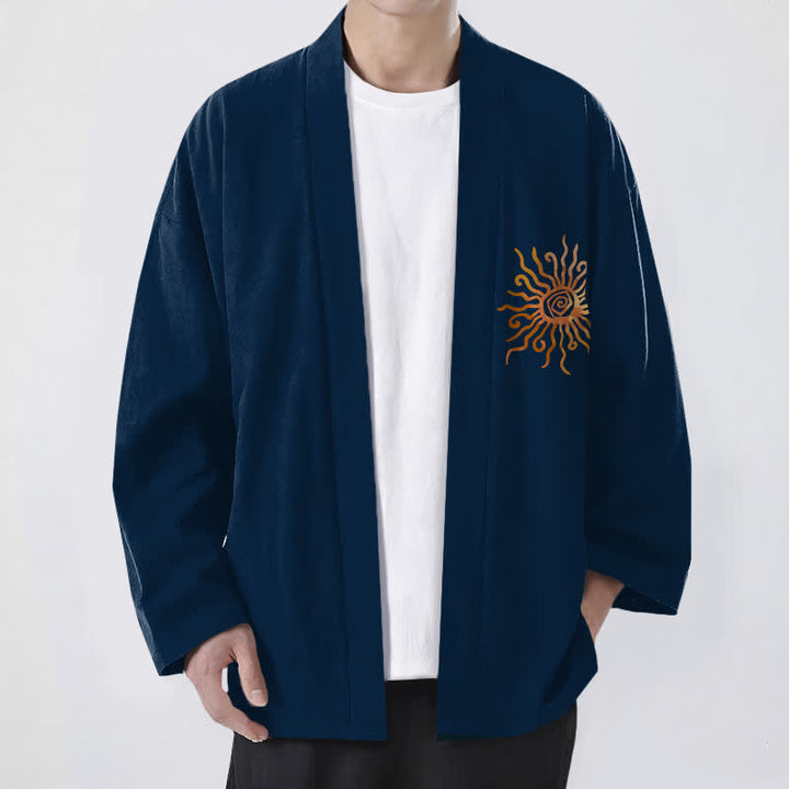 Buddha Stones Kimono da uomo in cotone con motivo a raggiera dorata e apertura frontale. - Marina - US/UK/AU48, EU58 (4XL) - image 9