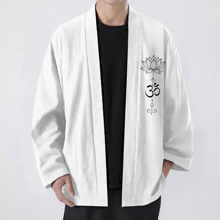 Buddha Stones Kimono da uomo in cotone con motivo zen a loto e apertura frontale. - Bianco - US/UK/AU48, EU58 (4XL) - image 9