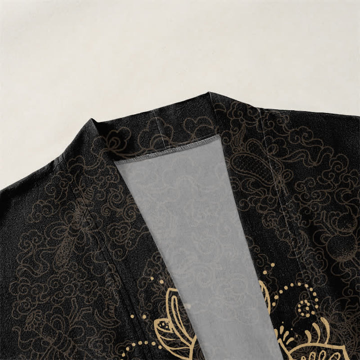 Buddha Stones Kimono da uomo in cotone con motivo floreale mandala simmetrico e apertura frontale. - image 3
