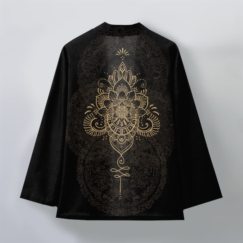 Buddha Stones Kimono da uomo in cotone con motivo floreale mandala simmetrico e apertura frontale. - image 2