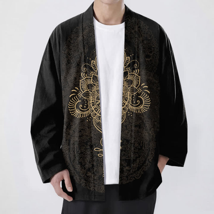 Buddha Stones Kimono da uomo in cotone con motivo floreale mandala simmetrico e apertura frontale. - Nero - US/UK/AU48, EU58 (4XL) - image 0