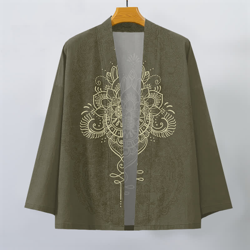 Buddha Stones Kimono da uomo in cotone con motivo floreale mandala simmetrico e apertura frontale. - image 7