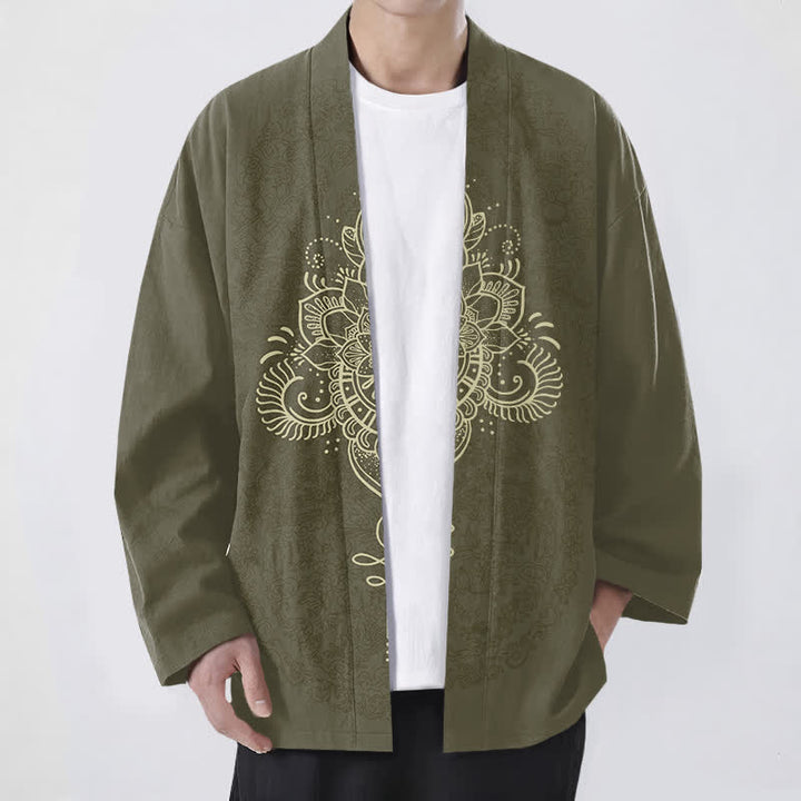 Buddha Stones Kimono da uomo in cotone con motivo floreale mandala simmetrico e apertura frontale. - Oliva - US/UK/AU48, EU58 (4XL) - image 6