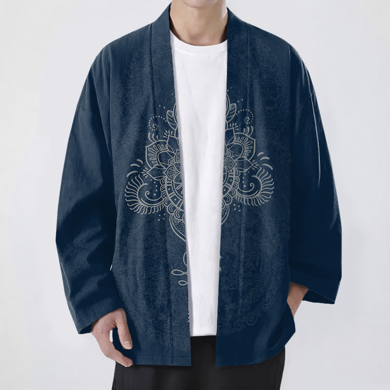 Buddha Stones Kimono da uomo in cotone con motivo floreale mandala simmetrico e apertura frontale. - Marina - US/UK/AU48, EU58 (4XL) - image 9