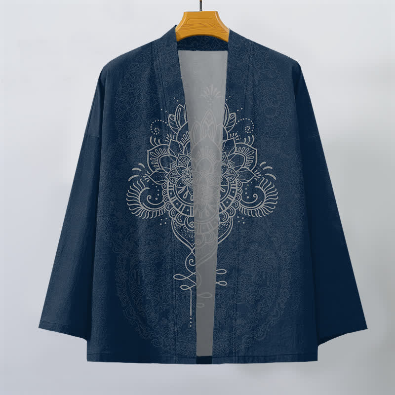 Buddha Stones Kimono da uomo in cotone con motivo floreale mandala simmetrico e apertura frontale. - image 10
