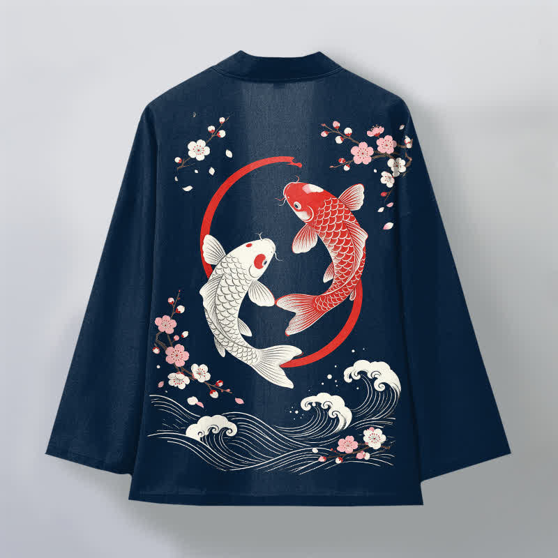 Buddha Stones Kimono da uomo in cotone con motivo a onde di ciliegi e koi gemelli, aperto sul davanti. - image 2