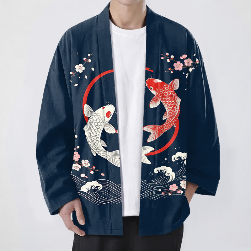 Buddha Stones Kimono da uomo in cotone con motivo a onde di ciliegi e koi gemelli, aperto sul davanti. - Marina - US/UK/AU48, EU58 (4XL) - image 0