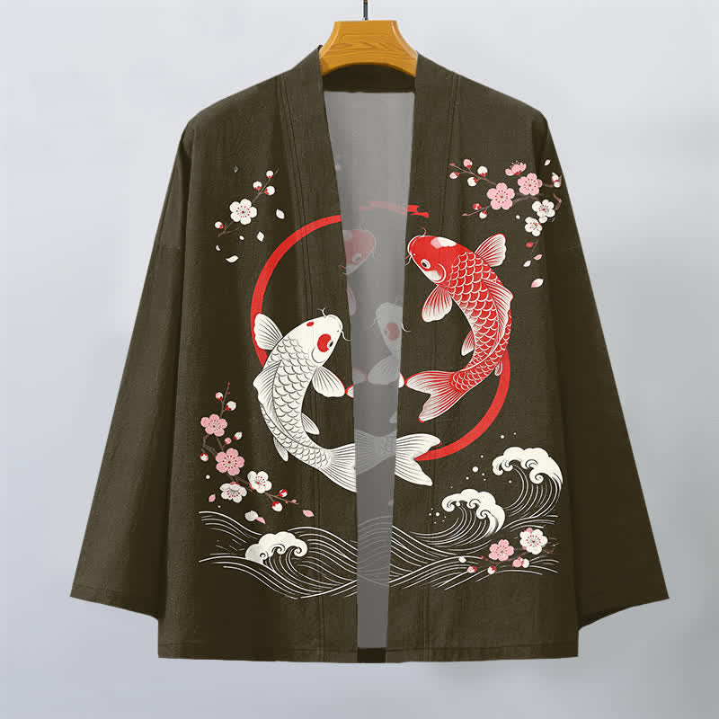 Buddha Stones Kimono da uomo in cotone con motivo a onde di ciliegi e koi gemelli, aperto sul davanti. - image 7