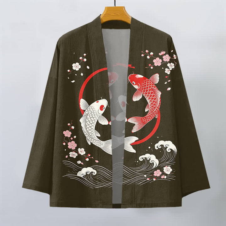 Buddha Stones Kimono da uomo in cotone con motivo a onde di ciliegi e koi gemelli, aperto sul davanti. - image 7