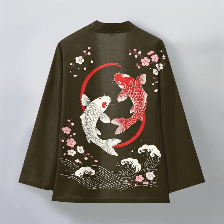 Buddha Stones Kimono da uomo in cotone con motivo a onde di ciliegi e koi gemelli, aperto sul davanti. - image 8