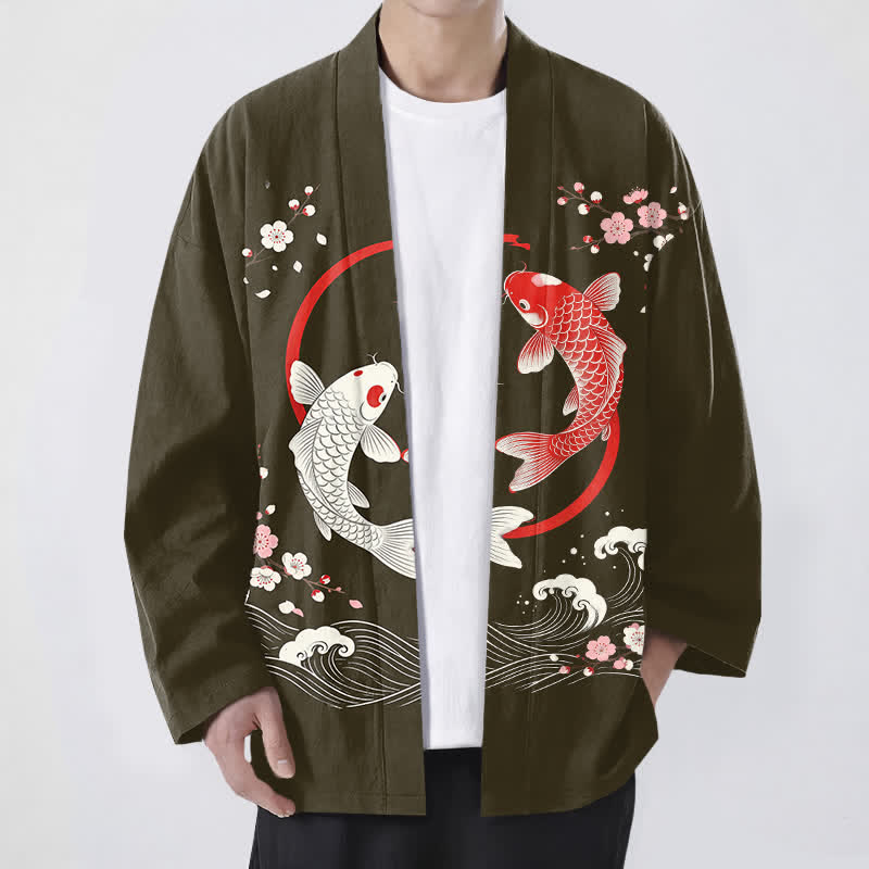 Buddha Stones Kimono da uomo in cotone con motivo a onde di ciliegi e koi gemelli, aperto sul davanti. - Oliva - US/UK/AU48, EU58 (4XL) - image 6
