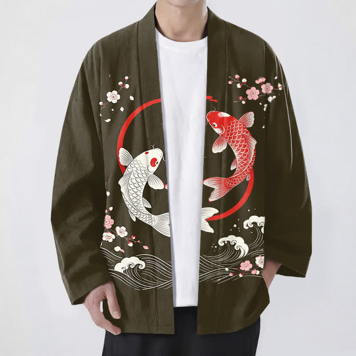 Buddha Stones Kimono da uomo in cotone con motivo a onde di ciliegi e koi gemelli, aperto sul davanti. - Oliva - US/UK/AU48, EU58 (4XL) - image 6