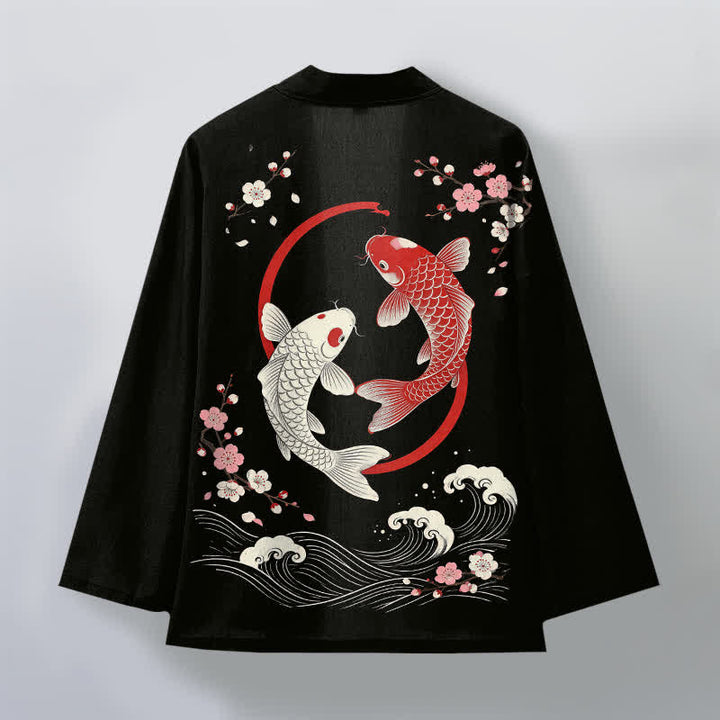 Buddha Stones Kimono da uomo in cotone con motivo a onde di ciliegi e koi gemelli, aperto sul davanti. - image 11