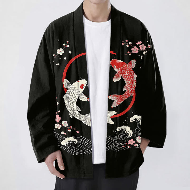 Buddha Stones Kimono da uomo in cotone con motivo a onde di ciliegi e koi gemelli, aperto sul davanti. - Nero - US/UK/AU48, EU58 (4XL) - image 9
