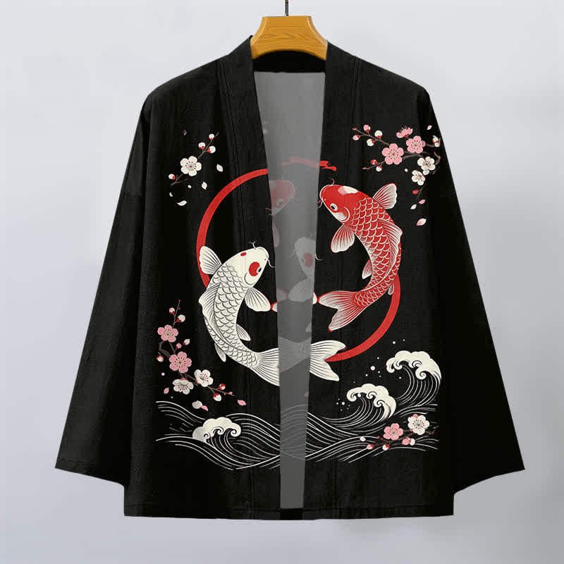 Buddha Stones Kimono da uomo in cotone con motivo a onde di ciliegi e koi gemelli, aperto sul davanti. - image 10