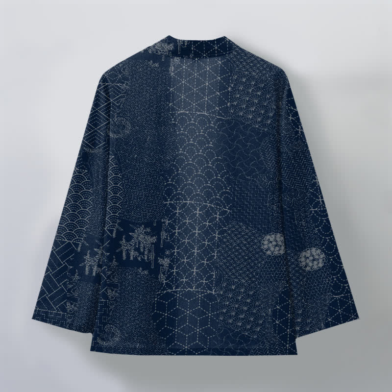 Buddha Stones Kimono da uomo in cotone con motivo Seigaiha Asanoha e apertura frontale. - image 2
