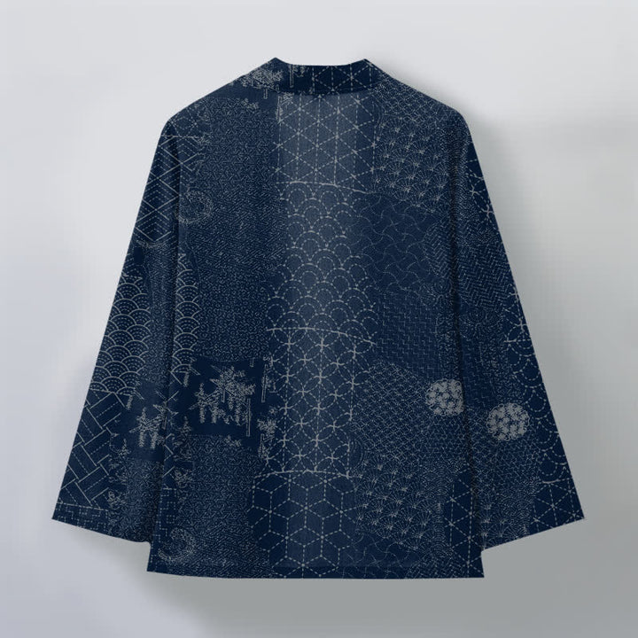 Buddha Stones Kimono da uomo in cotone con motivo Seigaiha Asanoha e apertura frontale. - image 2