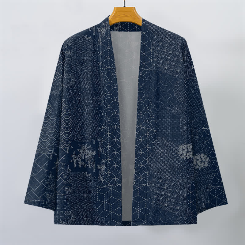 Buddha Stones Kimono da uomo in cotone con motivo Seigaiha Asanoha e apertura frontale. - image 1