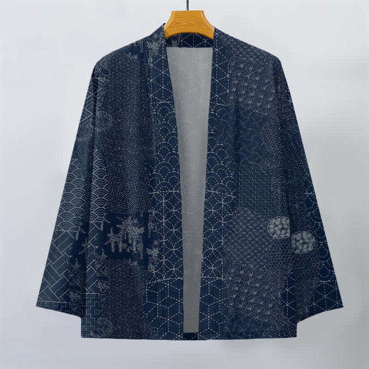 Buddha Stones Kimono da uomo in cotone con motivo Seigaiha Asanoha e apertura frontale. - image 1
