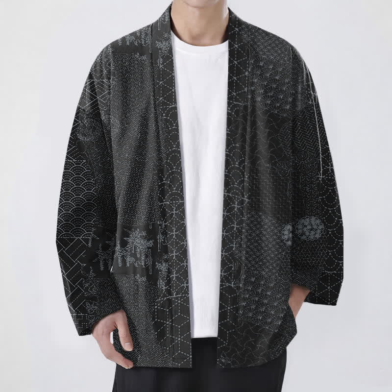 Buddha Stones Kimono da uomo in cotone con motivo Seigaiha Asanoha e apertura frontale. - Nero - US/UK/AU48, EU58 (4XL) - image 6