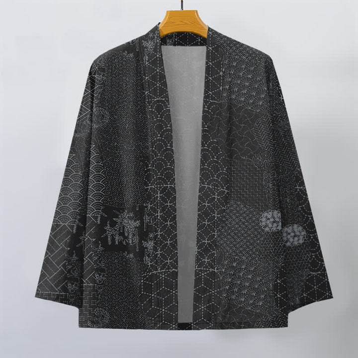 Buddha Stones Kimono da uomo in cotone con motivo Seigaiha Asanoha e apertura frontale. - image 7