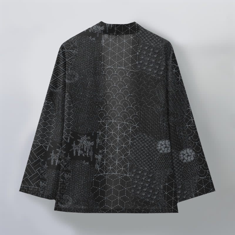 Buddha Stones Kimono da uomo in cotone con motivo Seigaiha Asanoha e apertura frontale. - image 8