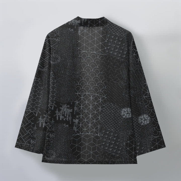 Buddha Stones Kimono da uomo in cotone con motivo Seigaiha Asanoha e apertura frontale. - image 8