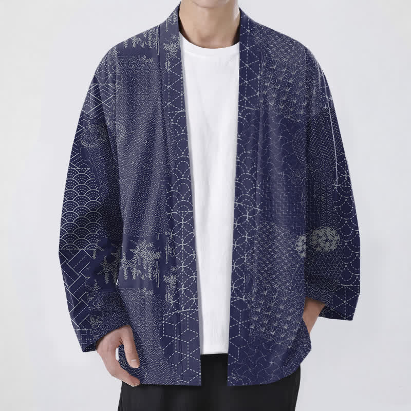 Buddha Stones Kimono da uomo in cotone con motivo Seigaiha Asanoha e apertura frontale. - Blu ardesia scuro - US/UK/AU48, EU58 (4XL) - image 9