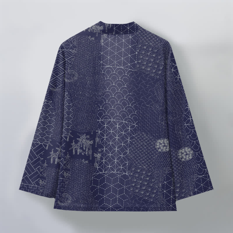 Buddha Stones Kimono da uomo in cotone con motivo Seigaiha Asanoha e apertura frontale. - image 11