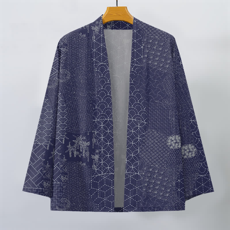 Buddha Stones Kimono da uomo in cotone con motivo Seigaiha Asanoha e apertura frontale. - image 10