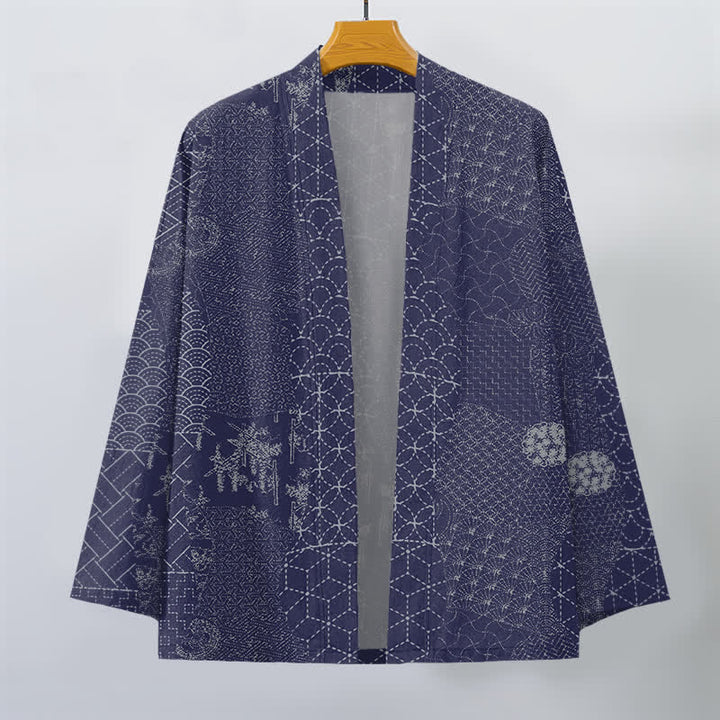 Buddha Stones Kimono da uomo in cotone con motivo Seigaiha Asanoha e apertura frontale. - image 10