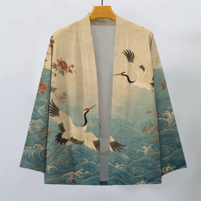 Buddha Stones Kimono da uomo in cotone bianco con motivo floreale a onde e gru, aperto sul davanti. - image 1