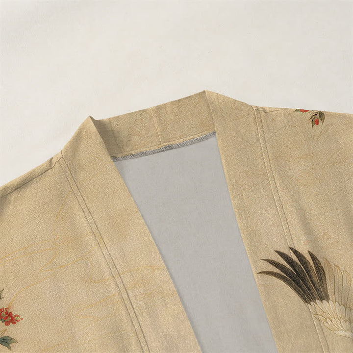 Buddha Stones Kimono da uomo in cotone bianco con motivo floreale a onde e gru, aperto sul davanti. - image 3