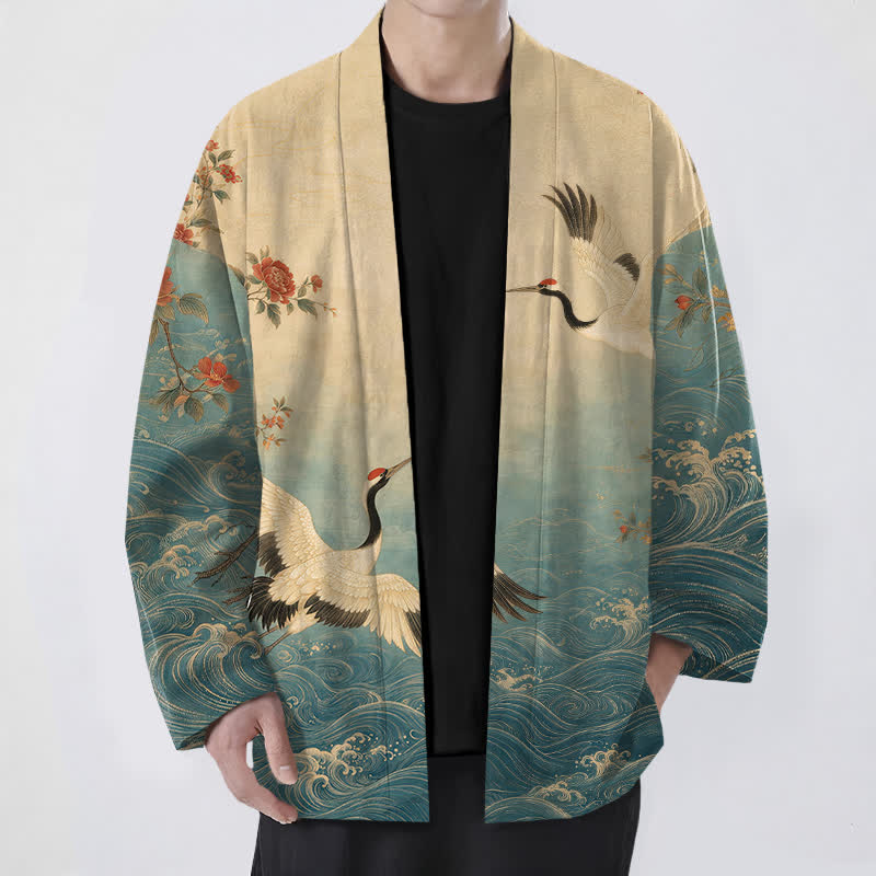 Buddha Stones Kimono da uomo in cotone bianco con motivo floreale a onde e gru, aperto sul davanti. - Verde acqua - US/UK/AU48, EU58 (4XL) - image 0