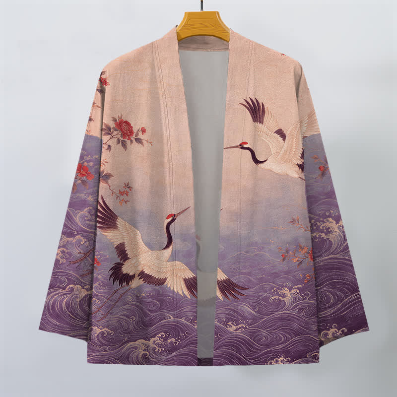 Buddha Stones Kimono da uomo in cotone bianco con motivo floreale a onde e gru, aperto sul davanti. - image 7