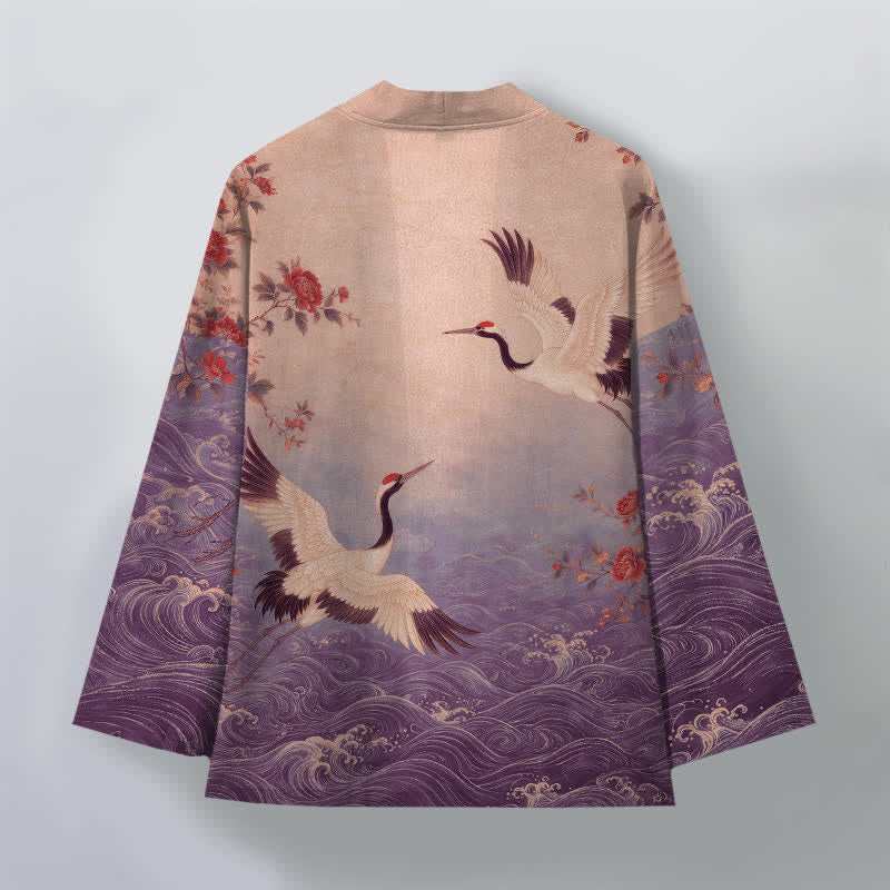 Buddha Stones Kimono da uomo in cotone bianco con motivo floreale a onde e gru, aperto sul davanti. - image 8
