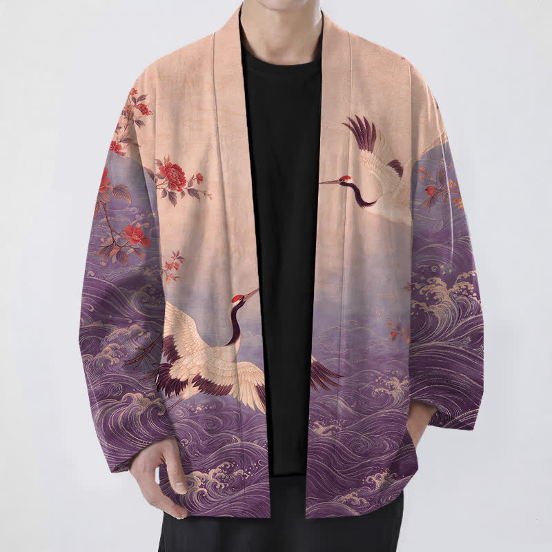Buddha Stones Kimono da uomo in cotone bianco con motivo floreale a onde e gru, aperto sul davanti. - Viola medio - US/UK/AU48, EU58 (4XL) - image 6