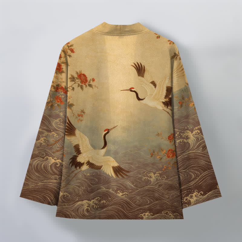 Buddha Stones Kimono da uomo in cotone bianco con motivo floreale a onde e gru, aperto sul davanti. - image 11