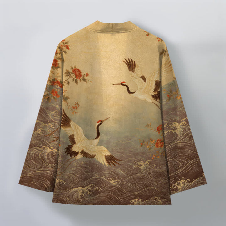 Buddha Stones Kimono da uomo in cotone bianco con motivo floreale a onde e gru, aperto sul davanti. - image 11