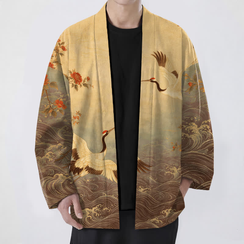 Buddha Stones Kimono da uomo in cotone bianco con motivo floreale a onde e gru, aperto sul davanti. - Verga d'oro scura - US/UK/AU48, EU58 (4XL) - image 9