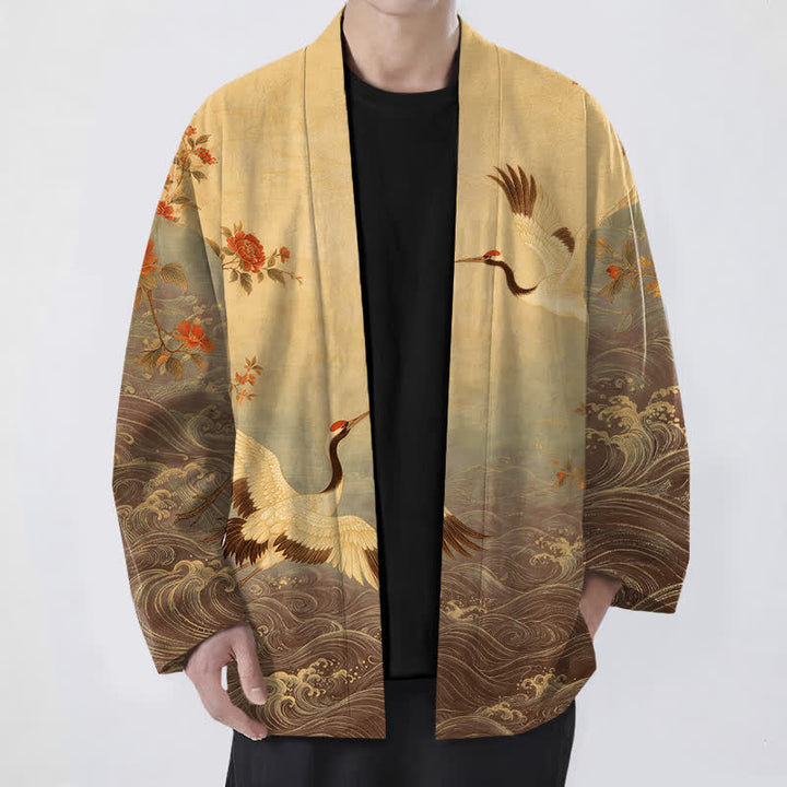 Buddha Stones Kimono da uomo in cotone bianco con motivo floreale a onde e gru, aperto sul davanti. - Verga d'oro scura - US/UK/AU48, EU58 (4XL) - image 9