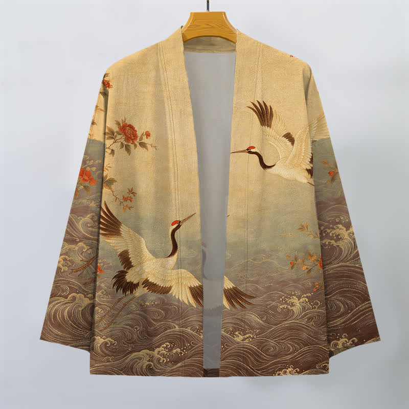 Buddha Stones Kimono da uomo in cotone bianco con motivo floreale a onde e gru, aperto sul davanti. - image 10