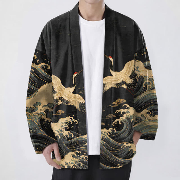 Buddha Stones Kimono da uomo in cotone con motivo a onde dorate e stampa gru, aperto sul davanti. - Nero - US/UK/AU48, EU58 (4XL) - image 0