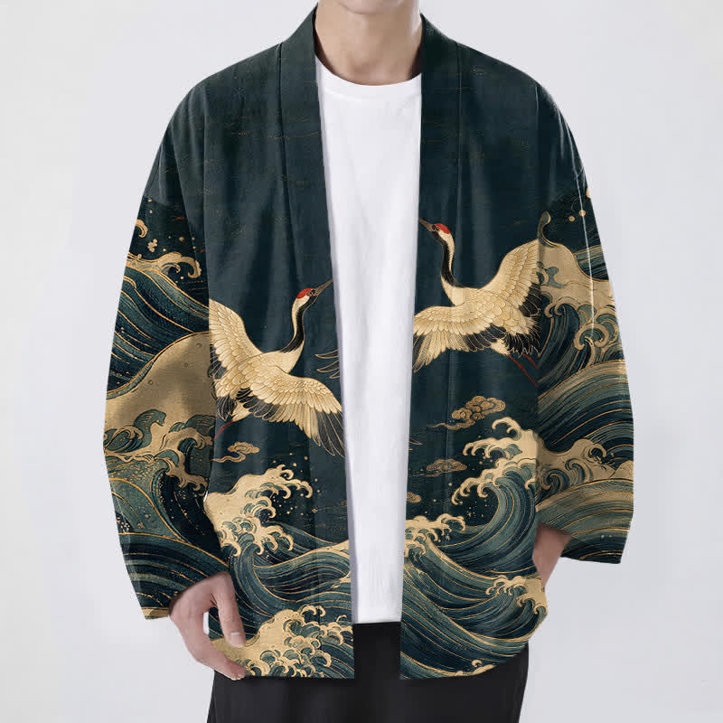 Buddha Stones Kimono da uomo in cotone con motivo a onde dorate e stampa gru, aperto sul davanti. - Marina - US/UK/AU48, EU58 (4XL) - image 6