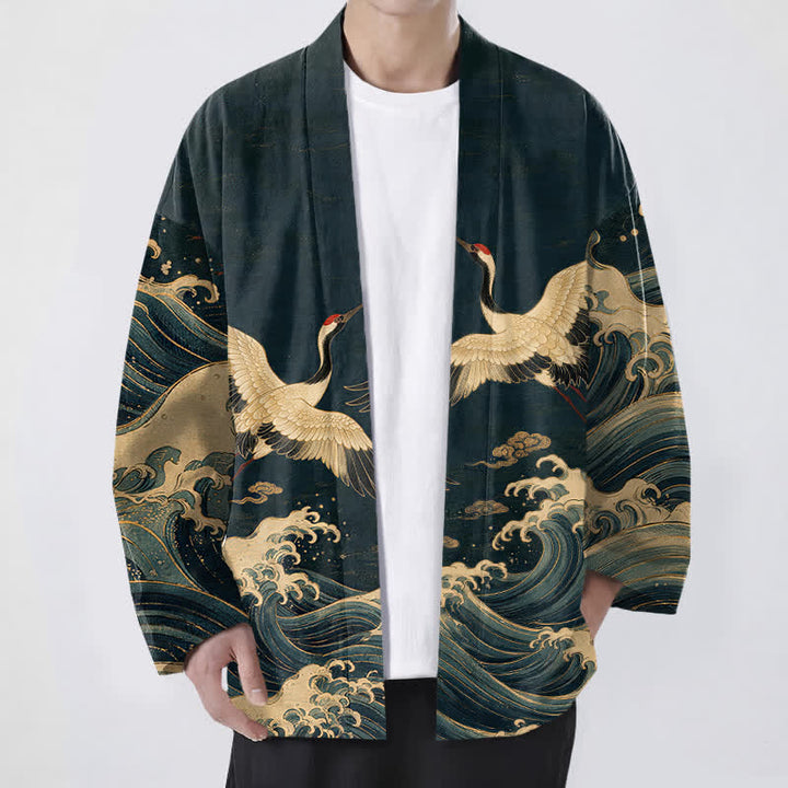 Buddha Stones Kimono da uomo in cotone con motivo a onde dorate e stampa gru, aperto sul davanti. - Marina - US/UK/AU48, EU58 (4XL) - image 6