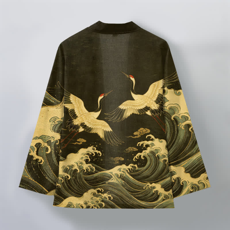 Buddha Stones Kimono da uomo in cotone con motivo a onde dorate e stampa gru, aperto sul davanti. - image 11