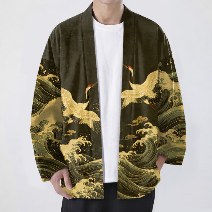 Buddha Stones Kimono da uomo in cotone con motivo a onde dorate e stampa gru, aperto sul davanti. - Oliva - US/UK/AU48, EU58 (4XL) - image 9