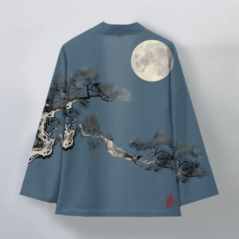 Buddha Stones Kimono da uomo in cotone con motivo a luna piena e pini, aperto sul davanti. - image 2