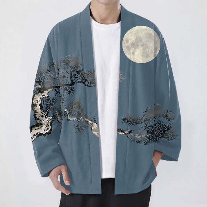 Buddha Stones Kimono da uomo in cotone con motivo a luna piena e pini, aperto sul davanti. - SteelBlue - US/UK/AU48, EU58 (4XL) - image 0